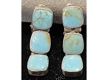 Graceful Tri Turquoise Clip On Earrings Set In Sterling Silver