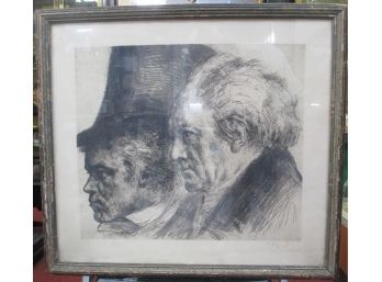 Etching Illegibly Signed Of Two Heads In Portrait