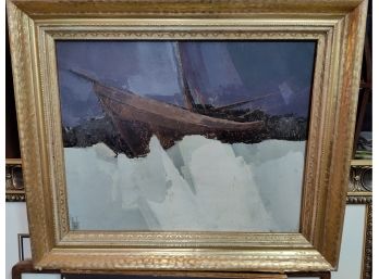 L Harris Signed Mid Century Acrylic On Board Ship In Stormy Sea Painting