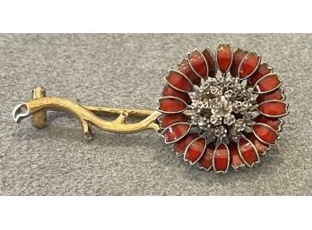Gorgeous Gilt And Sterling Floral Brooch With Red Enamel Petals
