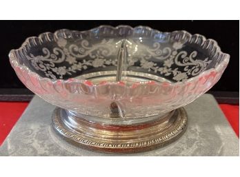 Cambridge Crystal Chantilly Etched Divided Bowl With Sterling Silver Base