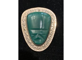 Funky Vintage Sterling Green Onyx Face Pin Brooch