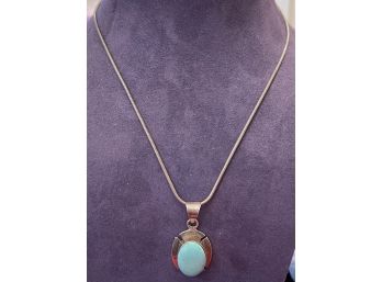 Appealing Taxco Mexico Turquoise Pendant Set In Sterling Silver With A 18' Chain