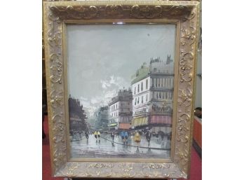 Oil On Canvas French Street Scene Illegibly Signed