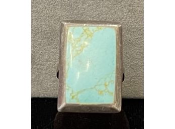 Stunning Rectangular Turquoise Set In Heavy Sterling Silver Size 8