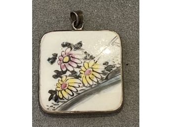 Vintage Asian Ceramic Pendant Surrounded In Sterling Silver