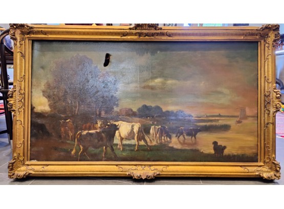 19th Century Coastal Pastoral Painting With Cows And Dog