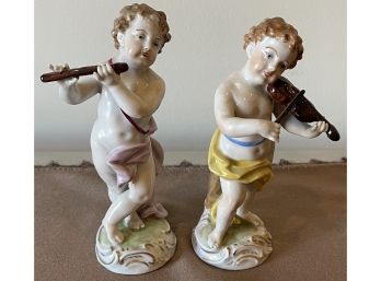 Pair Of Dresden Porcelain Cherub Musicians