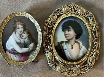 Pair Of Hand Painted Porcelain Miniature Paintings In Gilt Frames