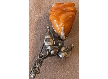 Sterling Silver And Amber Rose Shaped Brooch