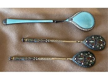 3 Russian Silver And Enamel Spoons