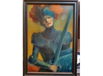 Oil On Canvas Painting Illegibly Signed Woman Warrior With Sword And Shield