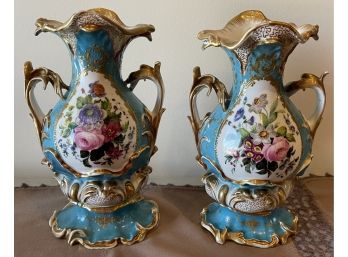 Pair Of Old Paris Turquoise Hand Painted Vases