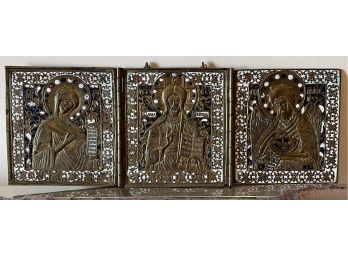 Bronze And Enamel Tryptic Russian Icon