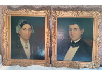 Pair Of Antique Primitive Portraits Of A Woman And A Man