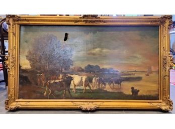 19th Century Coastal Pastoral Painting With Cows And Dog