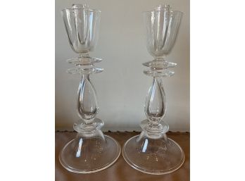 Pair Of Steuben Crystal 'Double-Disk' Candlesticks