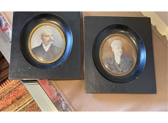 Pair Of Portrait Miniatures In Ebony Wood Frames
