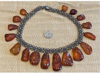 Large Silver And Amber Necklace