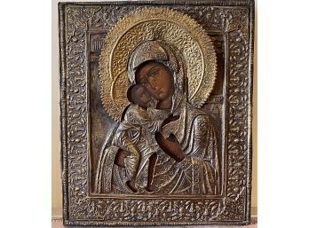 Large Silverplate Russian Icon Mother And Child