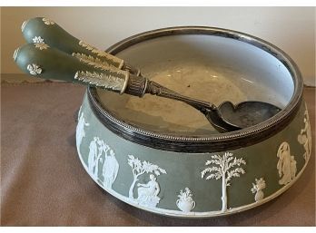 Green Wedgwood Bowl With Silverplate Rim With Serving Fork And Spoon