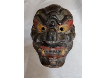 Antique Chinese Mini Carved Wood Mask Signed On Label  On The Inside