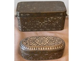 Lot Of 2 Middle Eastern Bronze And Silver Inlaid Boxes