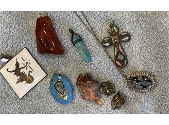 Lot Of Miscellaneous Jewelry With Silver Enamel And Amber