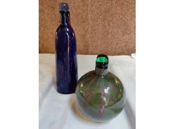 Pair Of Art Glass Decorative Covered Bottles