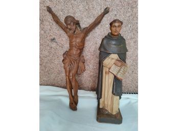 Pair Of Religious Carved Wood Icons - St Francis And Jesus On The Cross