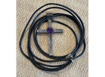 Sterling Silver And Amethyst Cross Pendant On Leather Chain