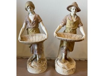 Pair Antique Royal Dux Porcelain Figurine Of Couple Carrying Gathering Baskets.