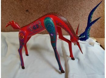 Hecho Por Mexico Signed Colorful Wood Carving Deer