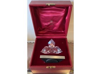 New In Box Steuben Crystal Triangle Sculpture With Rotating Stand