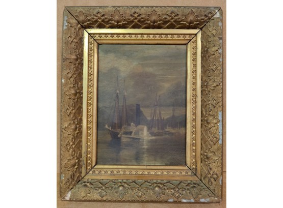 Oil On Canvas Sailboats In Harbor Scene