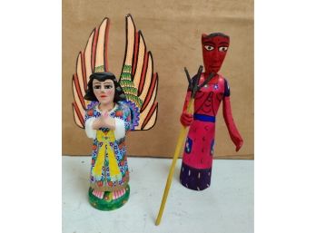 Pair Angel And Devil Mexican Wood Sculptures