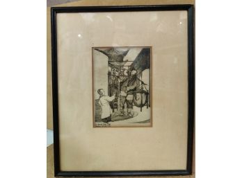 Frances Nichols Etching Titled The Grease Cake Man 1938