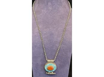 Native American Sterling Silver And Turquoise Pendant On Sterling Chain