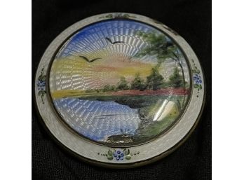 Beautiful Sterling Silver And Enamel Compact Sunrise Scene