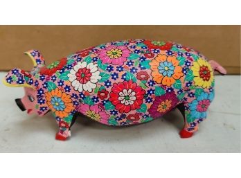 Highly Decorated Mexican Wood Sculpture Of A Pig With Floral Motif