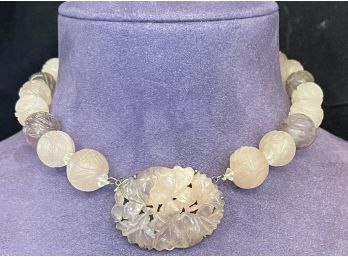 Lovely Chinese Carved Rose Quartz And Sterling Silver Choker Necklace