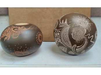 2 Mexican Ceramic Highly Incised Decorated Orbs
