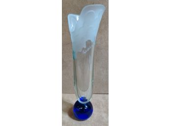 Signed Salvatore Polizzi Art Glass Frosted Top Vase With Blue Ball Pedestal
