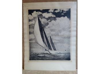 Frederick L Owen Etching Of Sailboat Titled The Balloon Jib