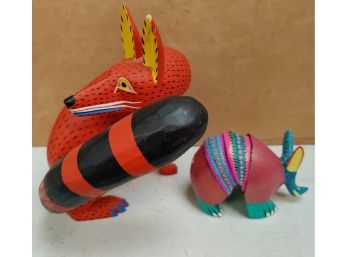 Pair Of Mexican Wood Carvings One Armadillo And One Red Fox