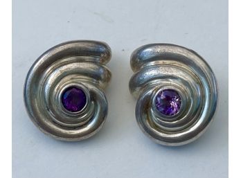 Heavy Mid Century Modern Artisan Sterling Silver And Amethyst Earrings