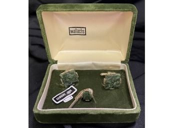 Vintage Wallachs Genuine Jade Cufflinks And Tie Tack In Original Box
