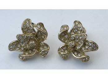 Pair Of Statement Gold Colored Costume Earrings With Crystals