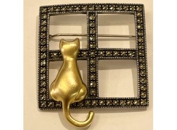 Adorable Judith Jack Sterling Silver Cat Brooch With Marcasites