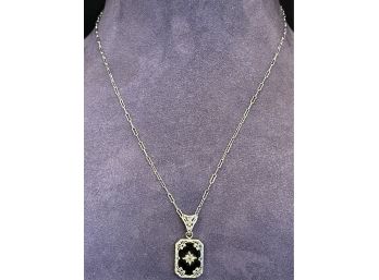 Superb Art Deco Sterling Silver And Onyx Pendant With Diamond
